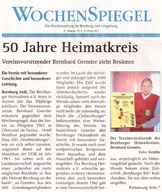 Pressebeitrag Wochenspiegel '50 Jahre Heimatkreis'